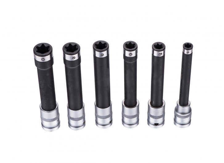 1/2" Dr T-Star/E-type Sockets with retaining ball. 6pcsSizes: E10-12-14-16-18-20. 140mm length. With backstop design. ½’’ DR.