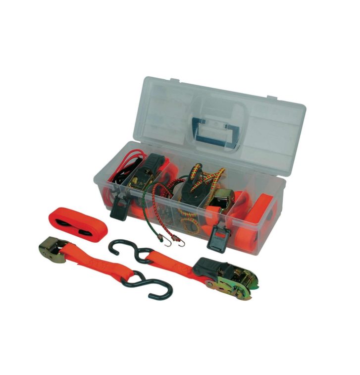 8pcs Tie Down kit by Mannesmann tools. Consists of various straps with S-hook and ratchet, elastic lashing straps.