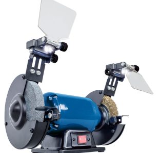400W Bench Grinder by Toolwarehouse. One side grinding wheel and on the other wheel brush. With a LED light on each side.